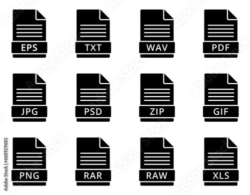 File format icon set. document, extension, type, eps, pdf, txt, jpg, psd, zip, rar, png, gif, wav, raw, xls, doc, folder, icons. Black solid icon collection. Vector illustration