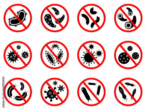 Stop Virus sign icon set. corona, infection, bacteria, no, warning, alert, danger, protection, signs, disease, germ, infectious, human, icons. Black solid icon collection. Vector illustration