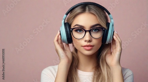 Beautiful girl wearing glasses and headphone against pastel background with space for text, background image, AI generated