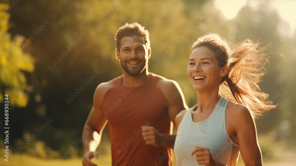 Happy couple jogging in the park. Healthy lifestyle, fitness, sport and people concept. Happy couple jogging in the park. Healthy lifestyle, fitness, sport and people concept.