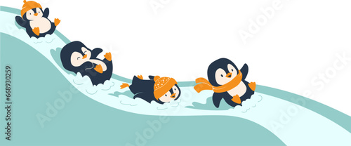 Penguin cartoon vector illustration. Leisure activities in winter