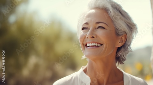 Portrait of smiling senior woman standing outdoors, looking away and smiling