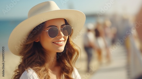 summer holidays, vacation, travel and people concept - smiling young woman in hat and sunglasses over beach background