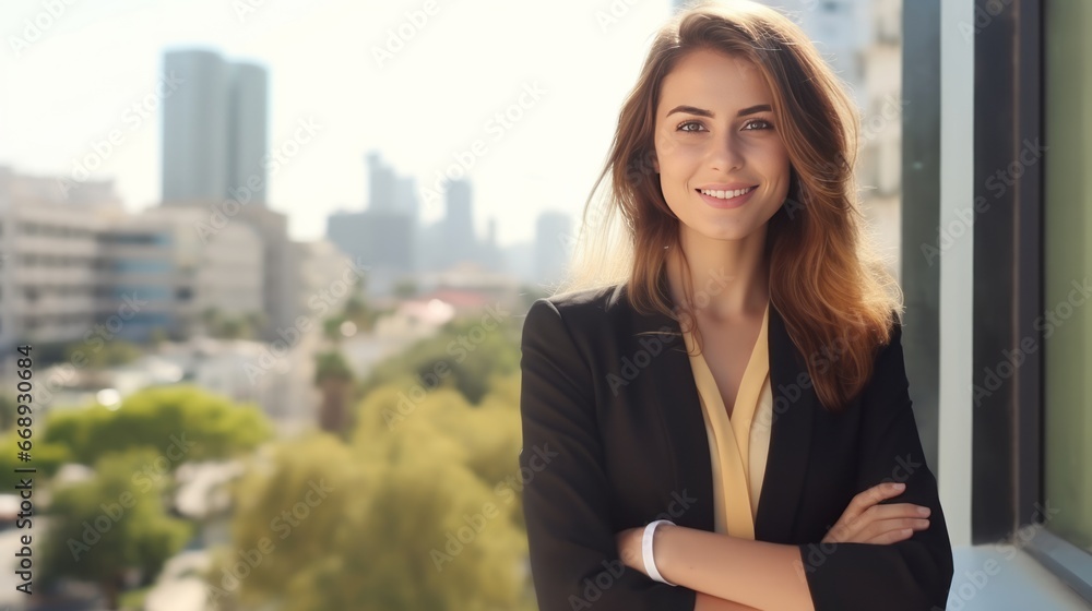 Beautiful young businesswoman on the background of skyscrapers. Beautiful young businesswoman on the background of skyscrapers.