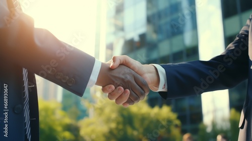 Business people shaking hands, finishing up a meeting. Businessman and businesswoman greeting each other with handshake.