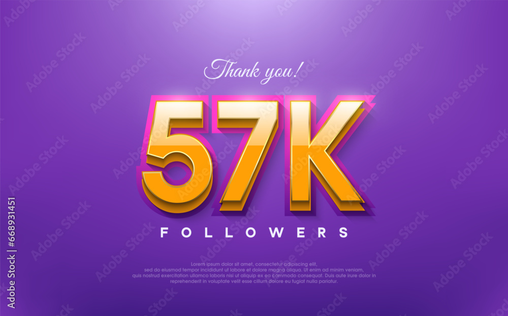 Thank you 57k followers, 3d design with orange on blue background.