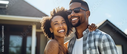 cheerful african american couple in sunglasses hugging on sunny day