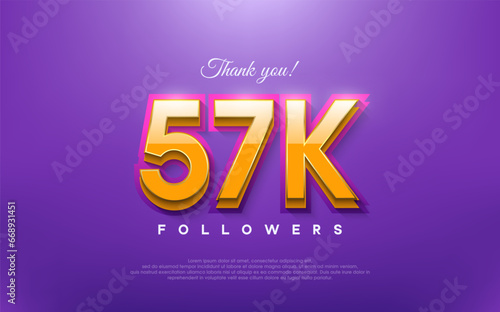 Thank you 57k followers, 3d design with orange on blue background.