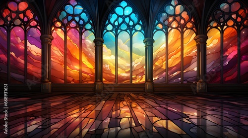 Multicolor Stained Glass Beauty and luminous sky at christian church, Generative Ai illustration