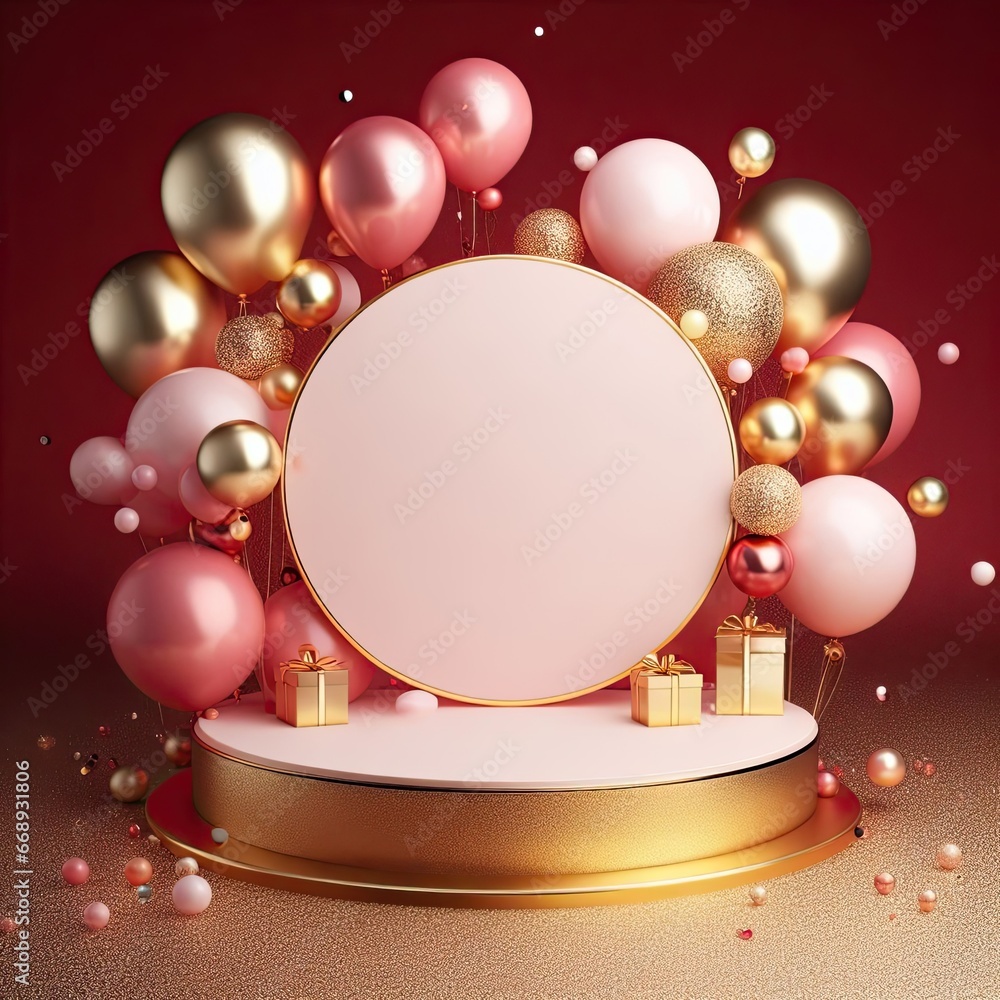 Luxury product podium mockup with gold and pink balloon AI Generative