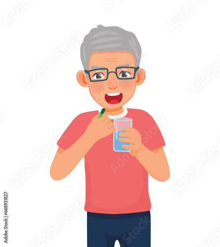 Senior elderly man feeling sick taking medicine capsule with a glass of water