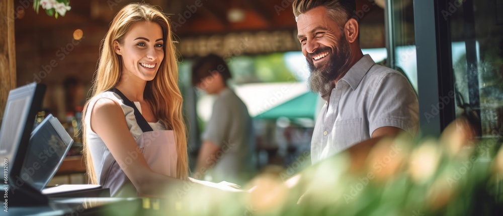 Portrait of a smiling young couple sitting at a table in a cafe