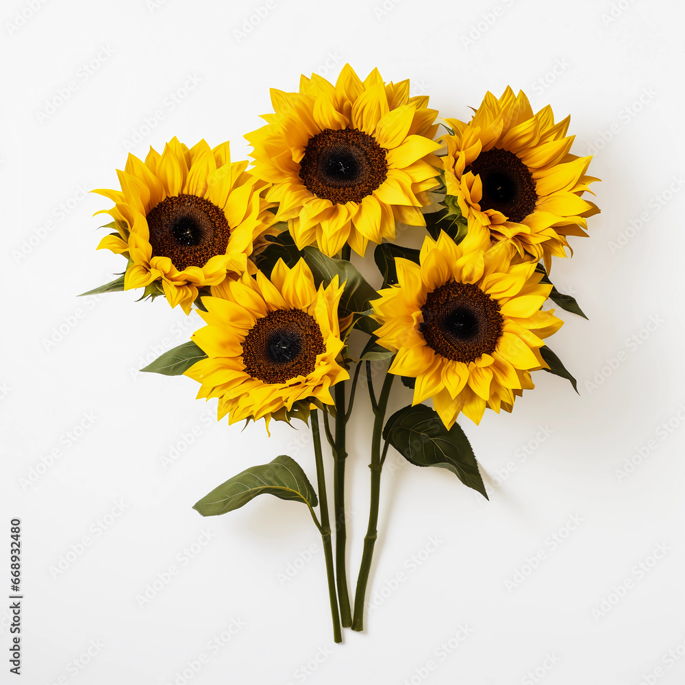 Sunflowers and leaves isolated on a white background, Yellow summer flower, Wall decoration photos, Generative AI. Sunflowers and leaves isolated on a white background, Yellow summer flower, Wall decoration photos, Generative AI.