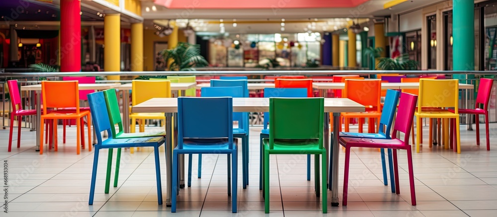 Colorfully adorned tables and chairs at the malls food court providing entertainment and leisure
