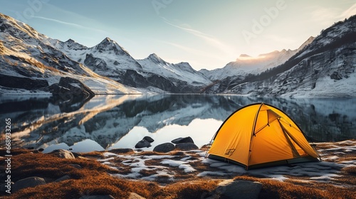 Camping tent on mountain lake in winter in the morning