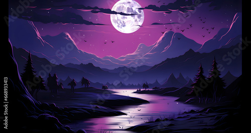 a drawing of a mountain landscape with a purple moon rising over the horizon