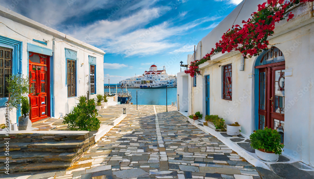 traditional paved alley in tinos town near the port - obrazy, fototapety, plakaty 