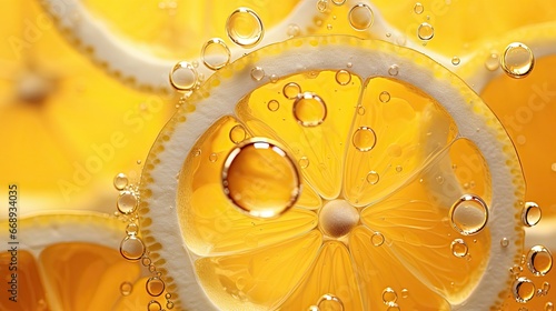 Bubbles in lemon tea, captured in mesmerizing macro photography, revealing their delicate textures and captivating play of light.