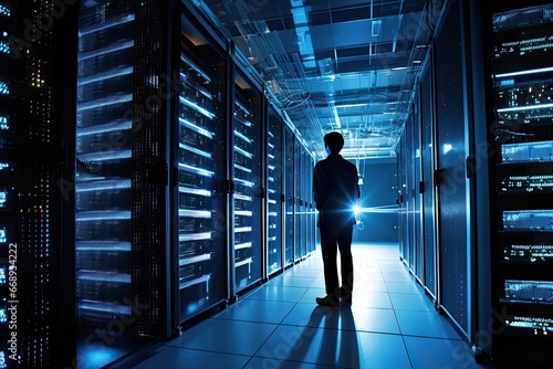 high-tech data center, a technician in a cleanroom suit stands before a corridor of towering server racks