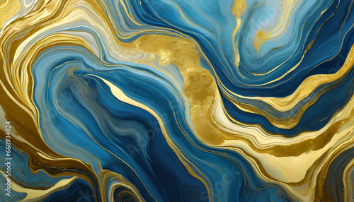 abstract marbling marble oil acrylic paint background illustration art wallpaper blue gold color with waving waves swirls liquid fluid marbled texture banner painting texture