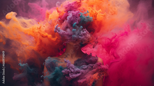 an illustration of a girl covered with a colorful smoke background 