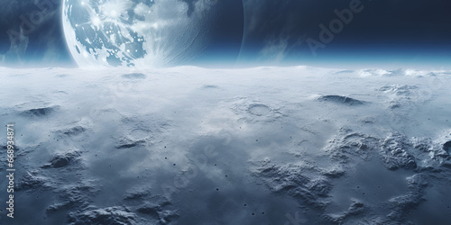 A stark planet from above the clouds during a snow storm with an eclipse in the distance  Enhanced digital  of Earthrise from the moon generative ai 