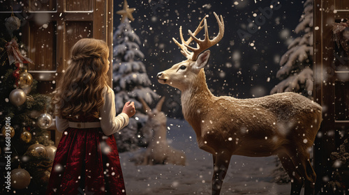 As the winter snow blanketed the outdoor scene, a young girl stood in awe as a majestic deer gazed back at her, embodying the spirit of christmas and the wild beauty of nature photo