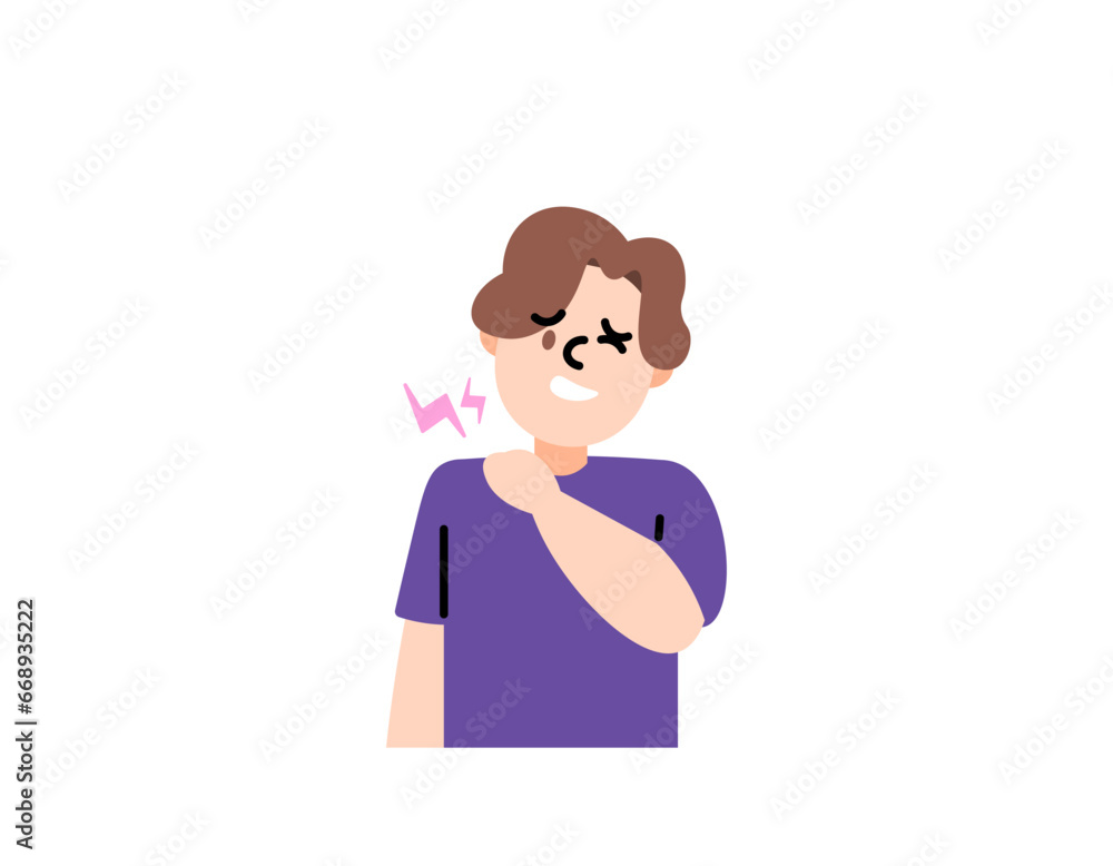 Illustration of a boy feeling pain in the shoulders and neck. pain in muscles or muscle tension. body health problems or diseases. human character and facial expressions. flat illustration design Illustration of a boy feeling pain in the shoulders and neck. pain in muscles or muscle tension. body health problems or diseases. human character and facial expressions. flat illustration design