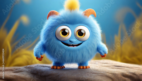 cute blue furry monster 3d cartoon character