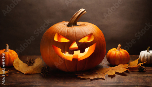 halloween pumpkin with scary face on dark background ai generated