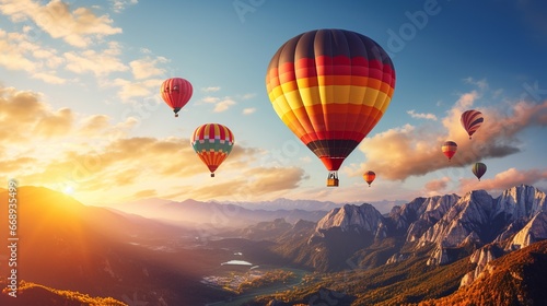 Colorful hot air balloons flying over the mountains at sunset