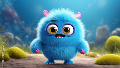 cute blue furry monster 3d cartoon character