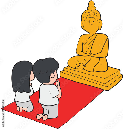Men and women couples worship Buddha statues.
