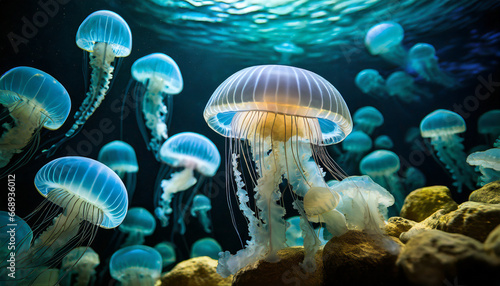 common jellyfish in aquarium lit by blue light