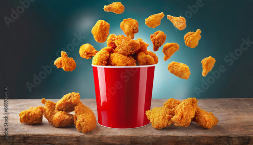 fried chicken hot fly crispy strips crunchy pieces bucket large red box photo