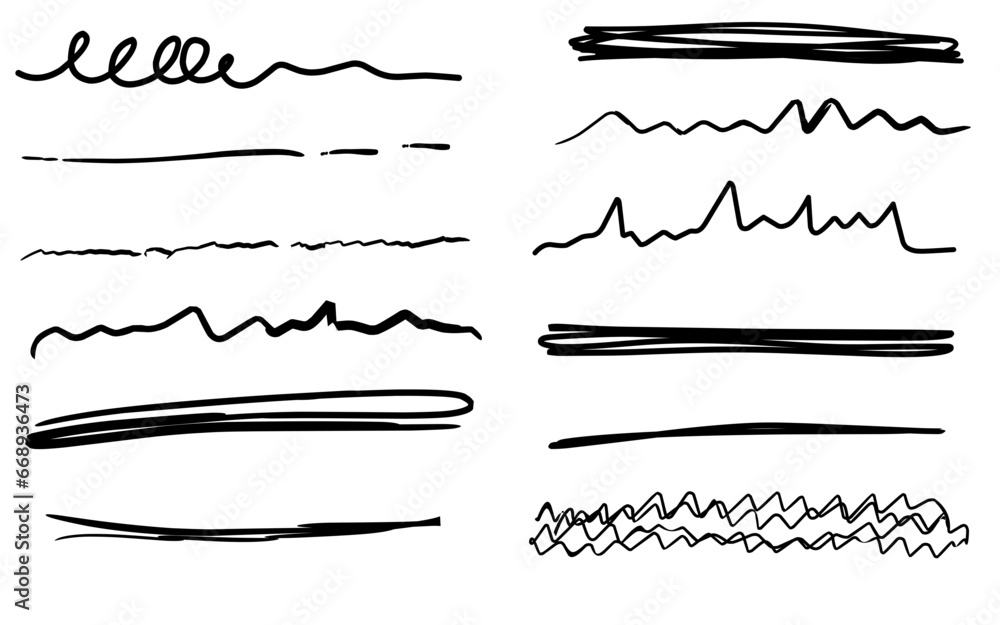 Set of decorative scribble lines in pen, pencil underline, vector doodle hand drawn design elements isolated on white background. Outline symbols collection.