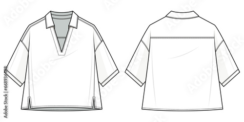 short sleeves shirt technical fashion illustration. shirt vector template illustration. front and back view. oversized. drop shoulder. unisex. fashion flat CAD mockup set.