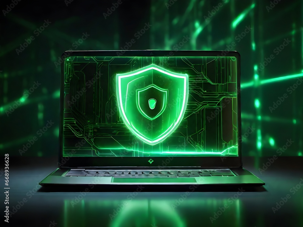 A laptop with glowing green sheild on display