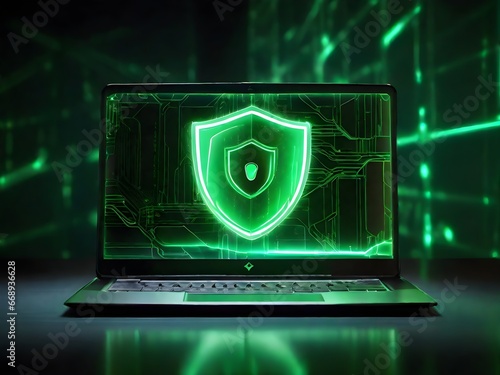 Obraz na płótnie A laptop with glowing green sheild on display w salonie