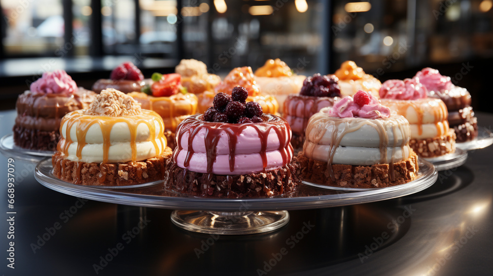 Different types of cakes in pastry
