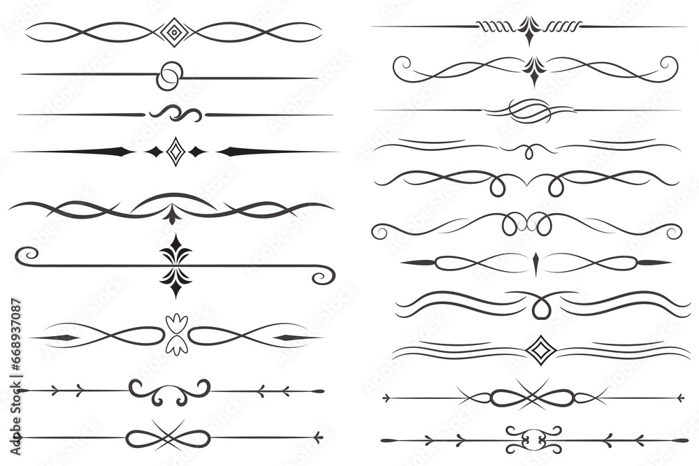 Fototapeta premium Page Divider And Design Elements. Set of Various Simple Black Divider Design, Assorted Divider Collection Template Vector. Collection of floral dividers elements mega decoration for Calligraphy