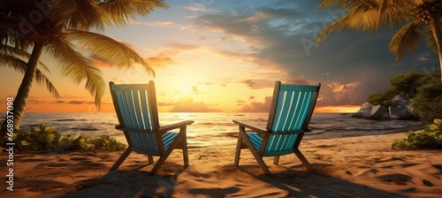Chairs sit on the beach while looking at the ocean.