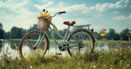 A bicycle sitting in a field, in the style of light white and yellow, cute and dreamy.