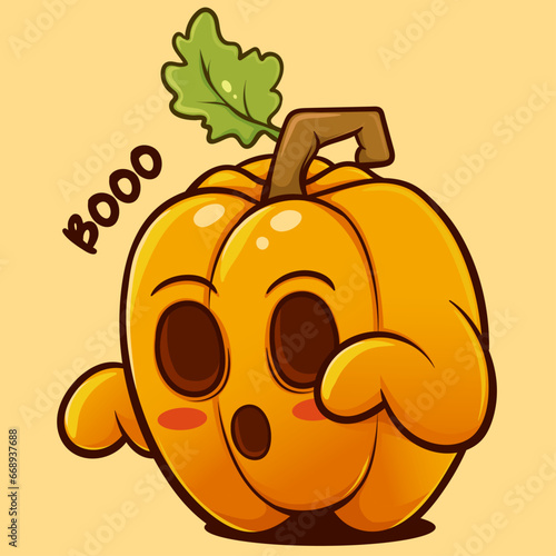 Illustration of a halloween pumpkin character with a scary but cute expression, on an isolated yellow background, cool for stickers, logos, totebag designs, t-shirts etc.