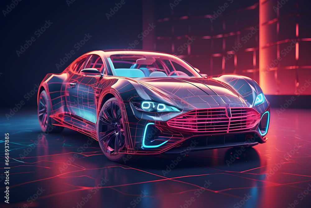 Modern car technology concept with wireframe intersection (3D illustration). Generative AI