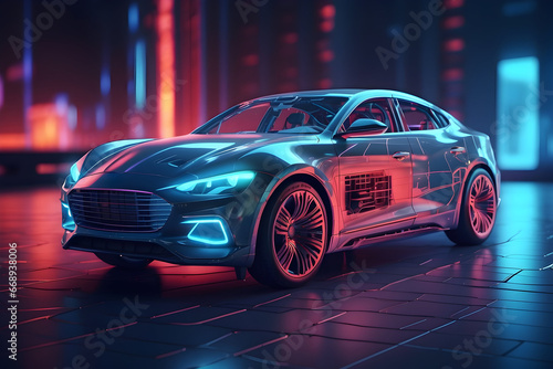 Modern car technology concept with wireframe intersection (3D illustration). Generative AI © Rudi