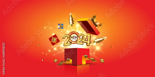 Open gift box and New Year 2024 reveal creative concept. Christmas eve Vector red background.