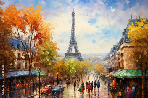 oil painting on canvas, street view of Paris. Artwork. eiffel tower . people on street. Tree. France (ai generated)