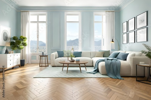 Cozy home interior in light pastel colors with hardwood flooring and arch wall, 3d rendering
