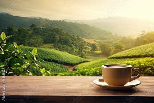 Tea cup standing on the wooden table with tea plantation on background